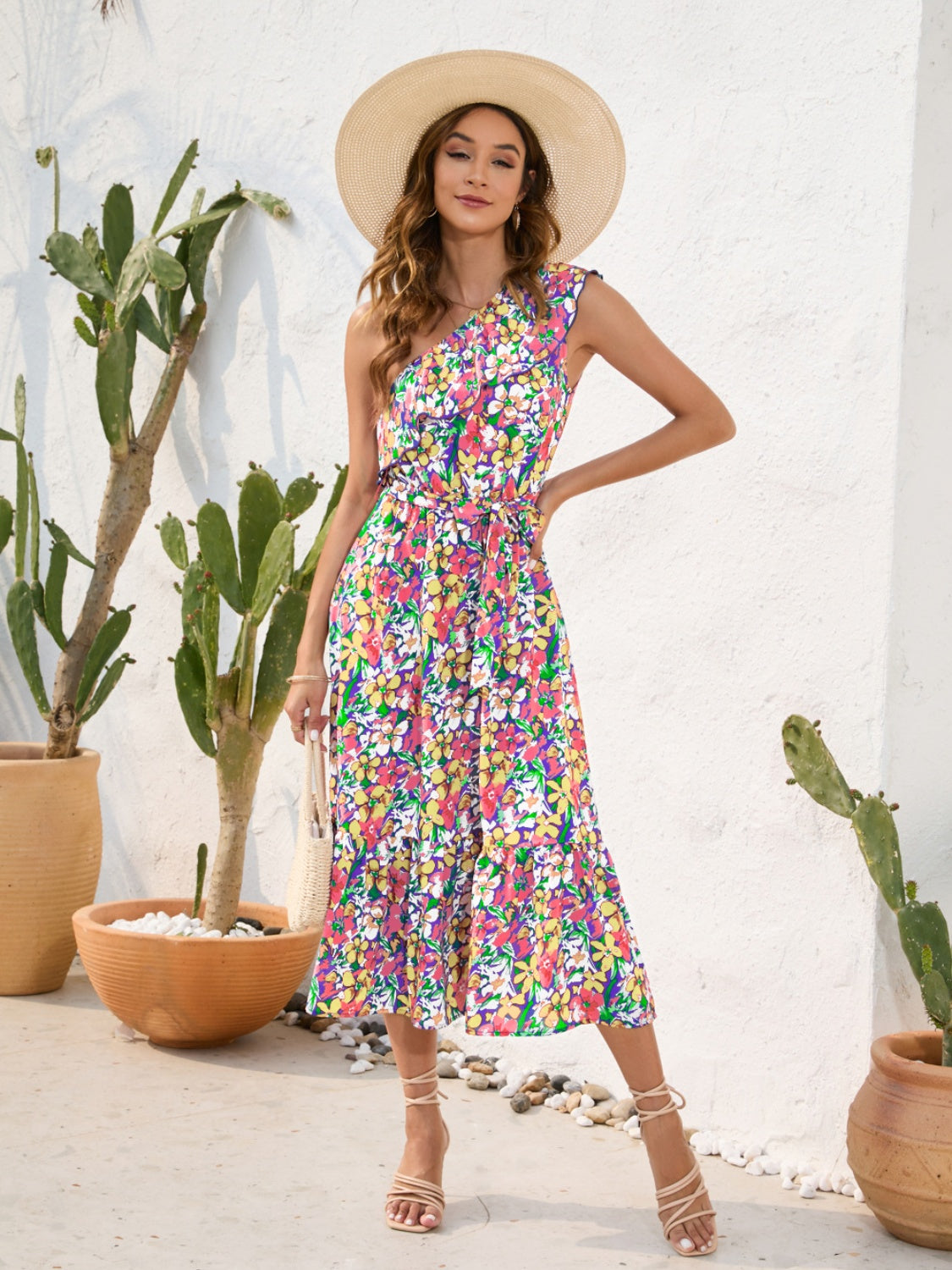 Ruffled Printed One Shoulder Midi Dress