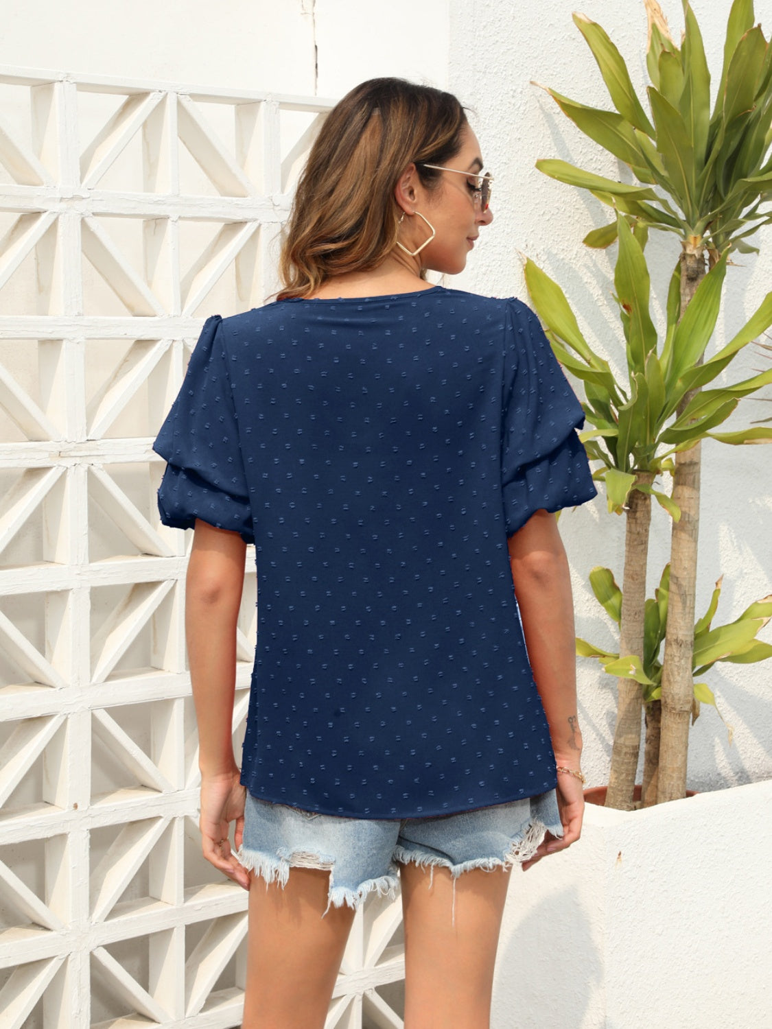 Swiss Dot V-Neck Short Sleeve Blouse