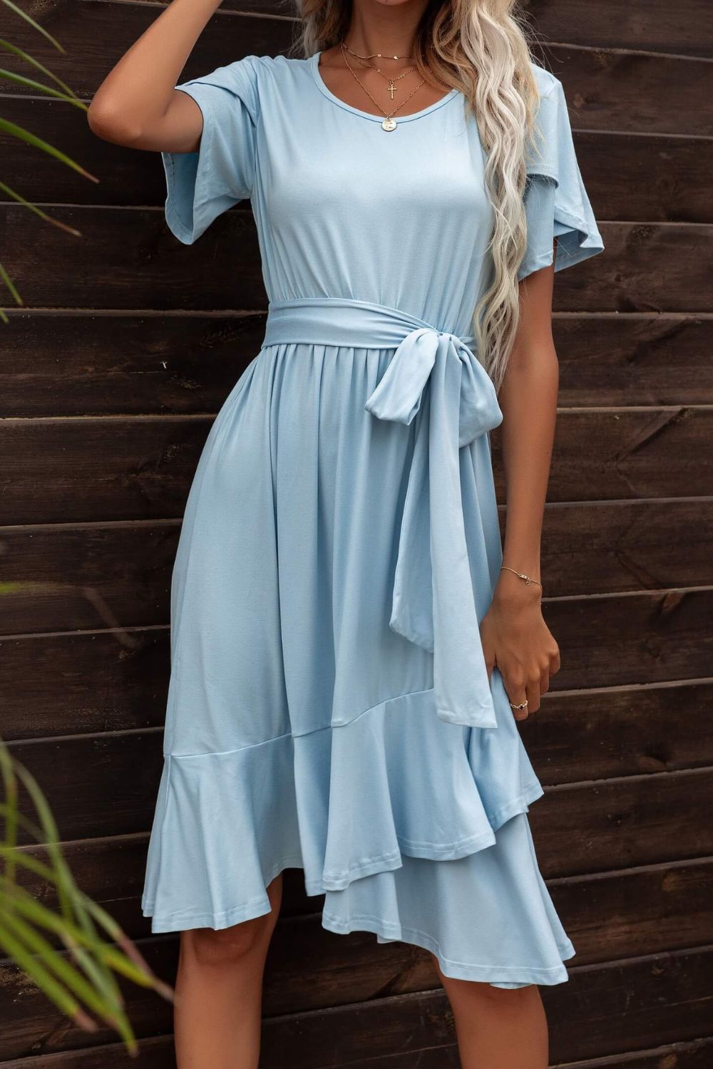 Chic Tie-Waist Petal Sleeve Knee-Length Dress