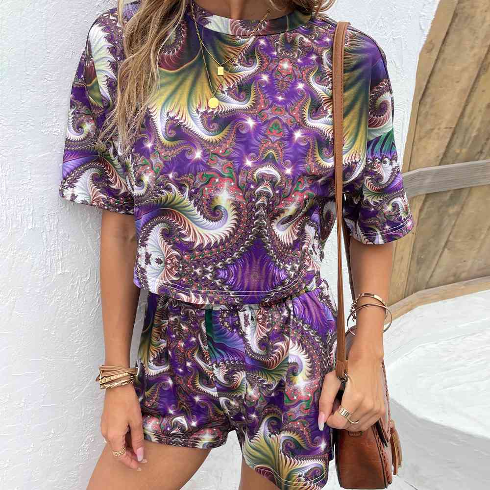 Printed Round Neck Dropped Shoulder Half Sleeve Top and Shorts Set