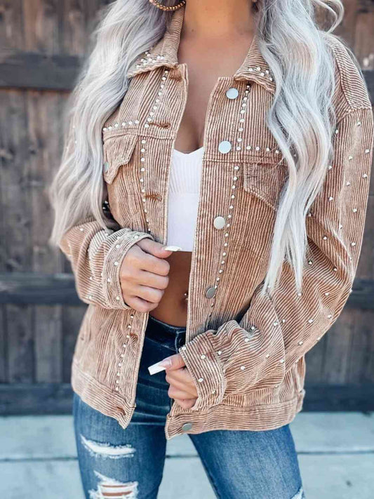Studded Collared Neck Button Down Jacket  Shop One Place