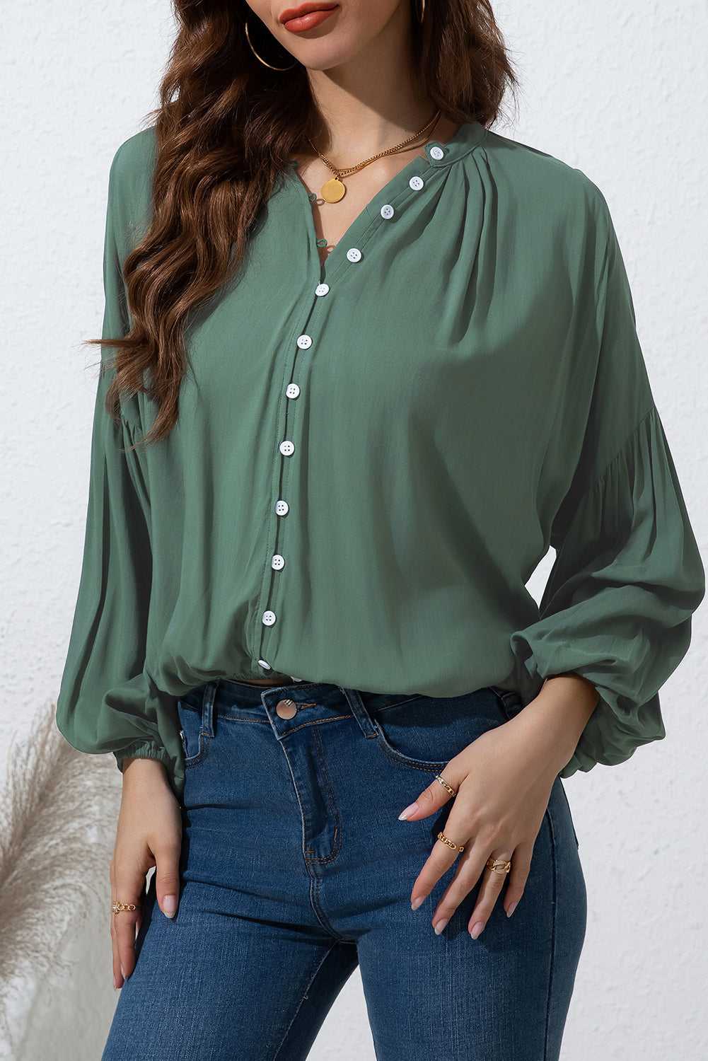 Button Up Balloon Sleeve Shirt  Shop One Place