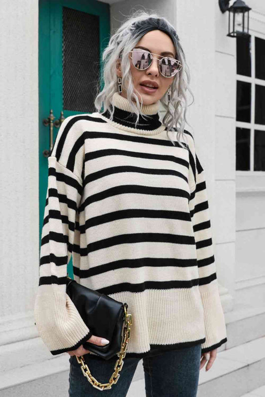 Striped Turtleneck Drop Shoulder Sweater  Shop One Place