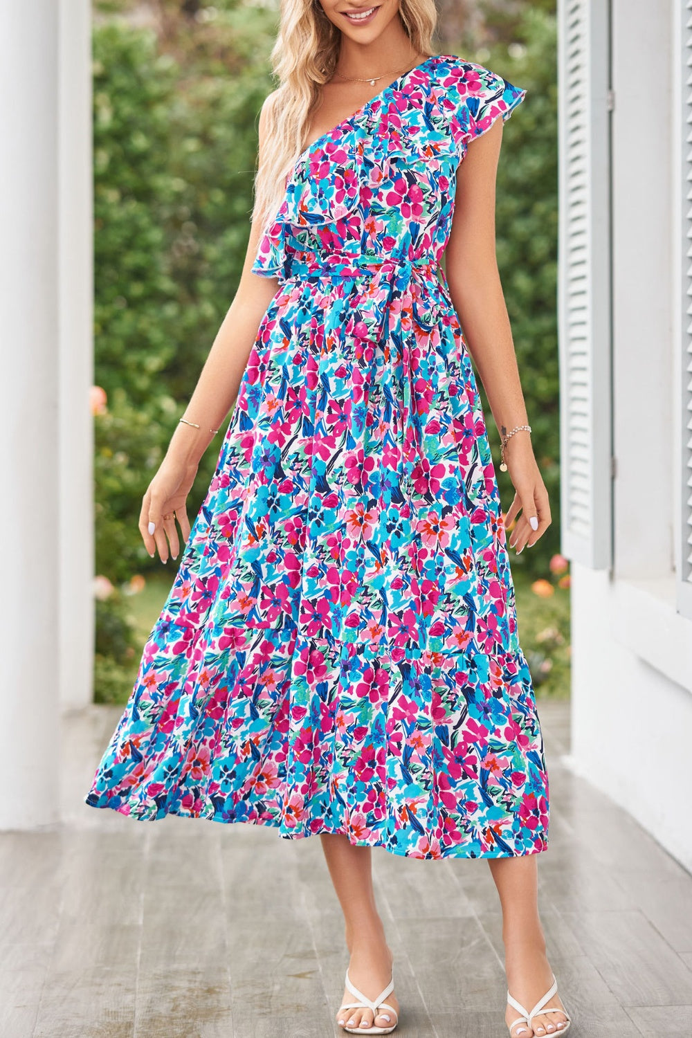 Ruffled Floral One Shoulder Dress