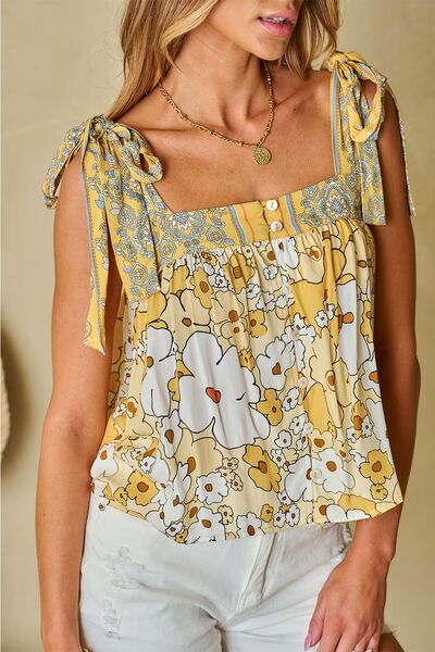 Tied Printed Square Neck Tank  Shop One Place