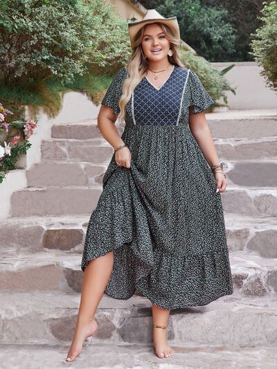 Plus Size Printed V-Neck Flutter Sleeve Midi Dress  Shop One Place