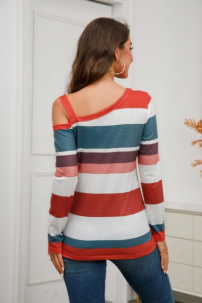 Striped Asymmetrical Neck Long Sleeve T-Shirt