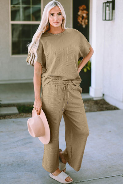 Double Take Full Size Texture Short Sleeve Top and Pants Set  Shop One Place