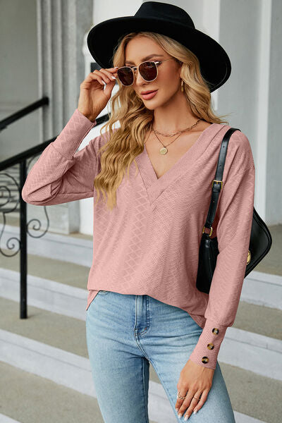 Decorative button V-Neck Lantern Sleeve T-Shirt