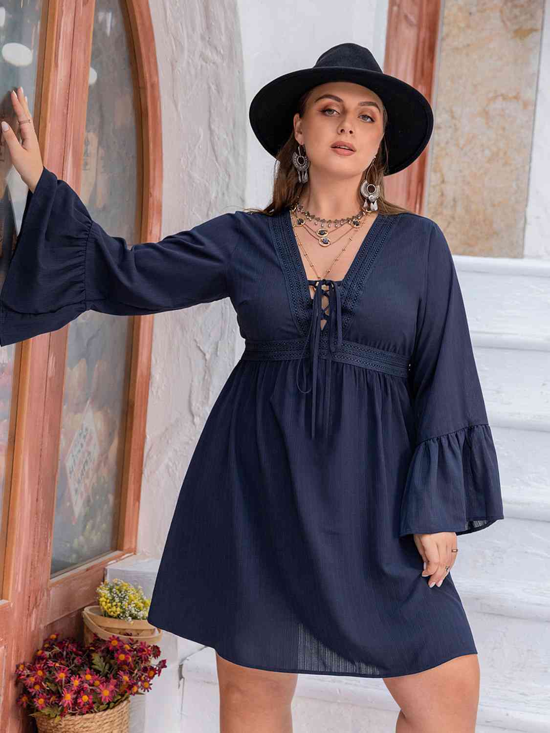 Plus Size Tie Front V-Neck Flare Sleeve Dress