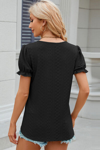 Eyelet Round Neck Flounce Sleeve T-Shirt