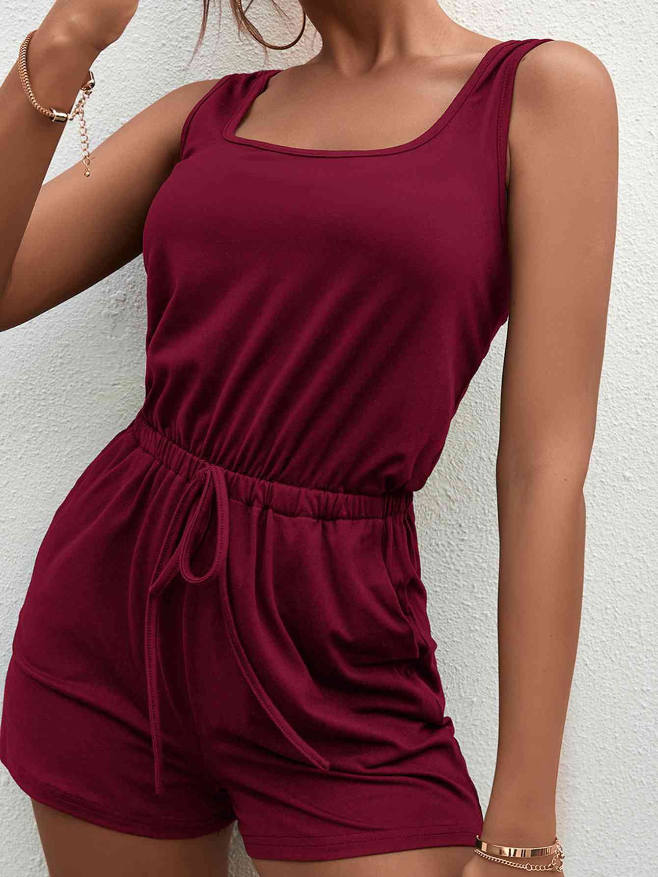 Square Neck Sleeveless Romper with Pockets