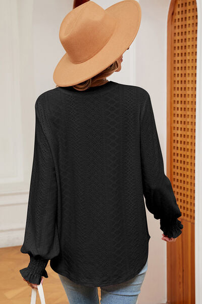 Eyelet Notched Long Sleeve T-Shirt