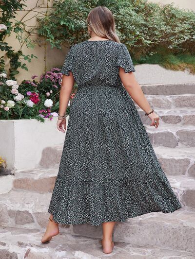Plus Size Printed V-Neck Flutter Sleeve Midi Dress  Shop One Place