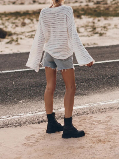 Openwork Round Neck Dropped Shoulder Knit Top  Shop One Place
