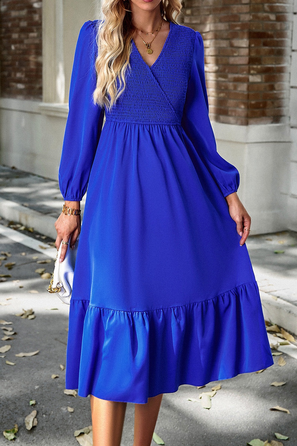 Smocked Surplice Long Sleeve Midi Dress