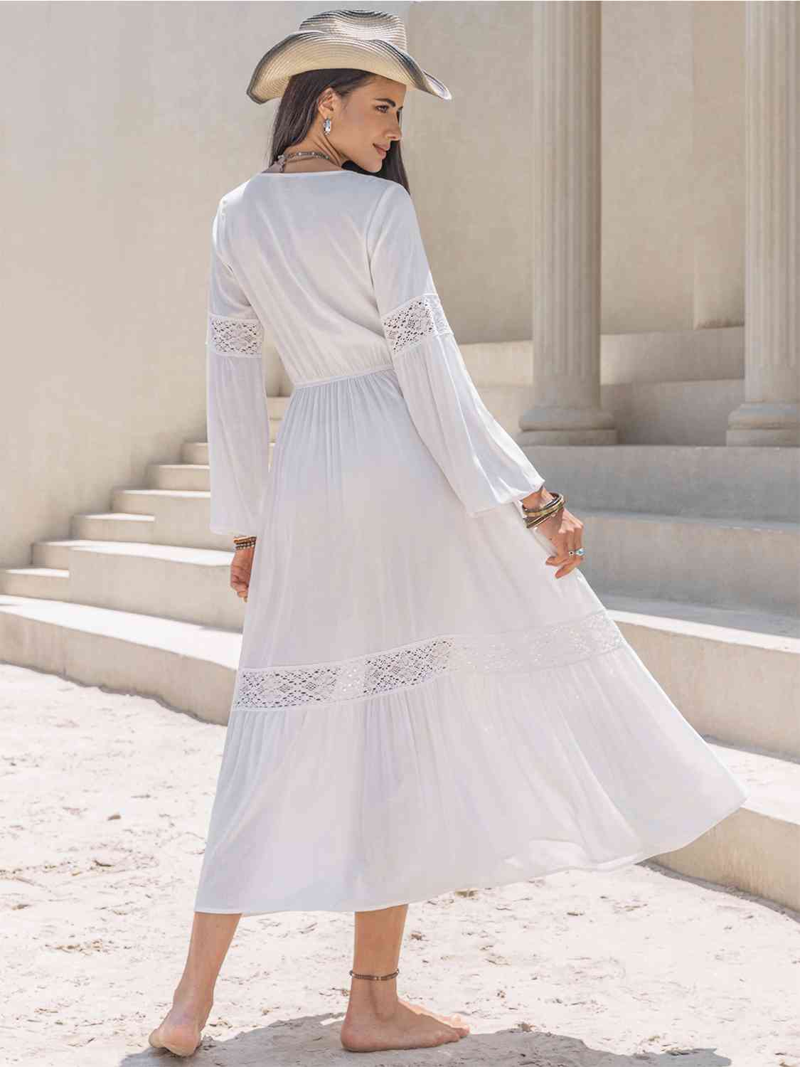 Tie Neck Long Sleeve Midi Tiered Dress