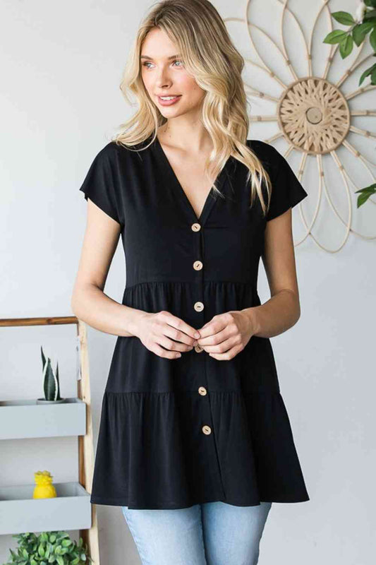 Heimish Full Size Buttoned V-Neck Tiered Top  Shop One Place