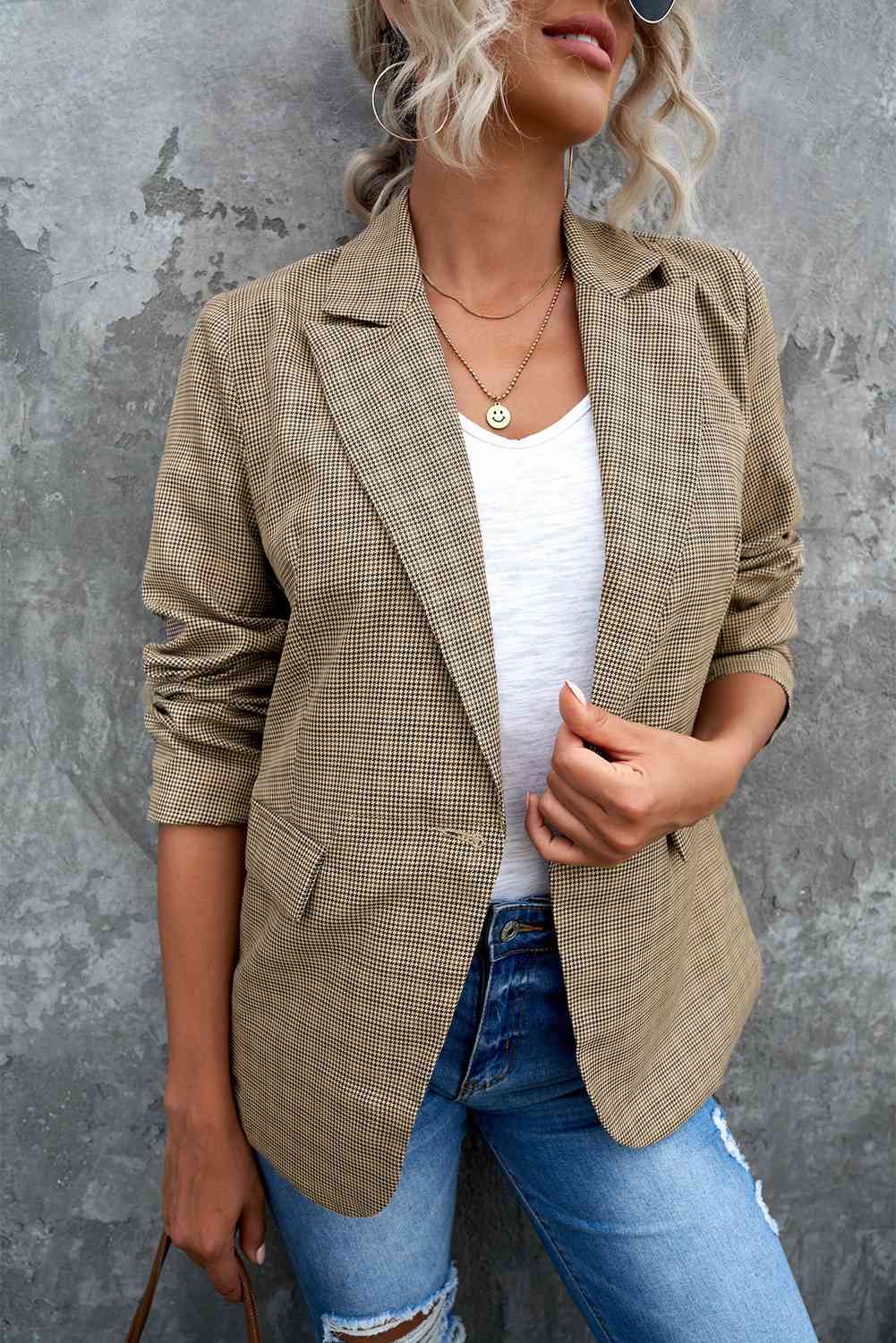 Plaid Lapel Collar Button Cuff Blazer