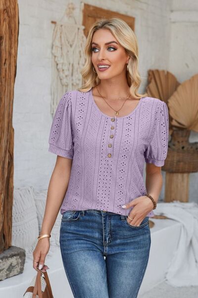 Eyelet Round Neck Short Sleeve Blouse