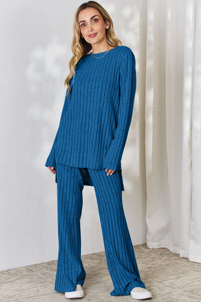 Basic Bae Full Size Ribbed High-Low Top and Wide Leg Pants Set  Shop One Place