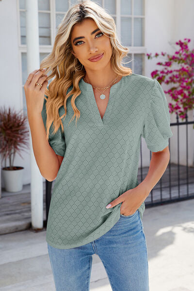 Eyelet Notched Puff Sleeve T-Shirt