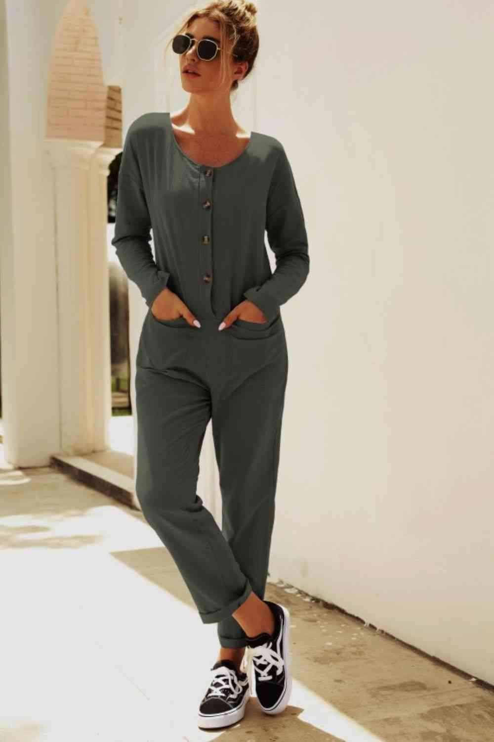 Buttoned Drop Shoulder Pocket Jumpsuit