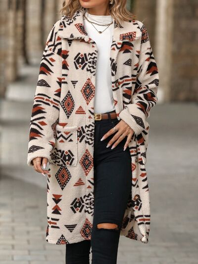 Geometric Pocketed Dropped Shoulder Coat  Shop One Place