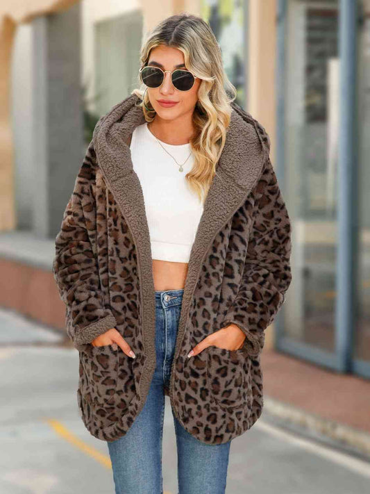 Leopard Hooded Coat with Pockets  Shop One Place