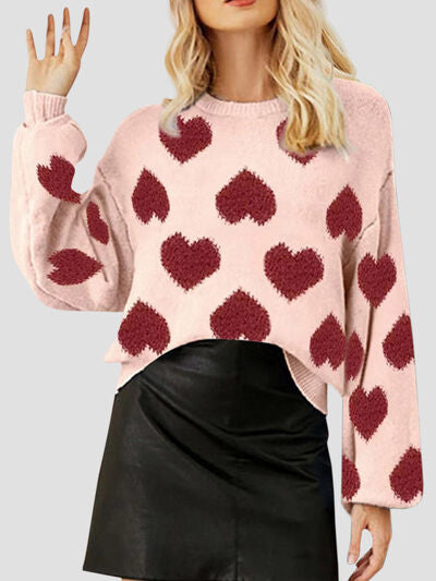 Heart Round Neck Dropped Shoulder Sweater  Shop One Place