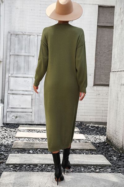 Decorative Button Notched Dropped Shoulder Sweater Dress