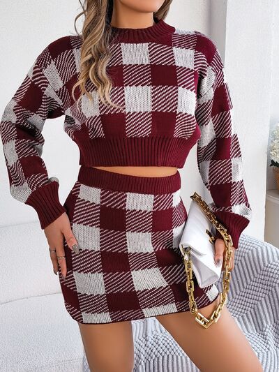 Plaid Round Neck Top and Skirt Sweater Set  Shop One Place
