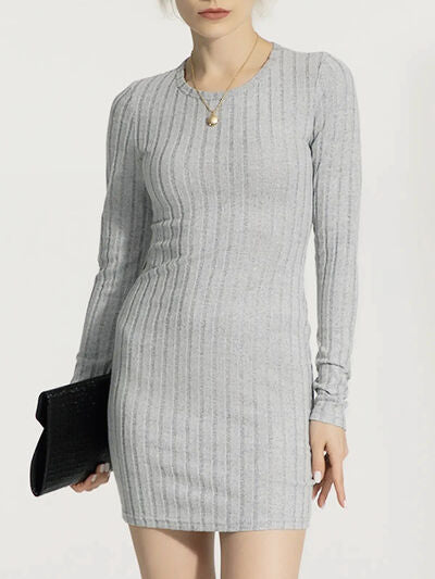 Ribbed Round Neck Long Sleeve Slim Dress