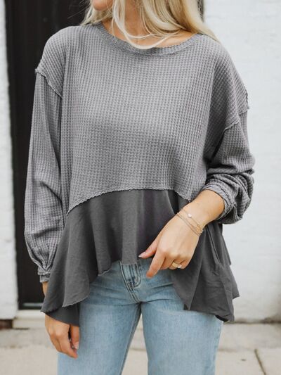 Waffle-Knit Round Neck Dropped Shoulder T-Shirt  Shop One Place