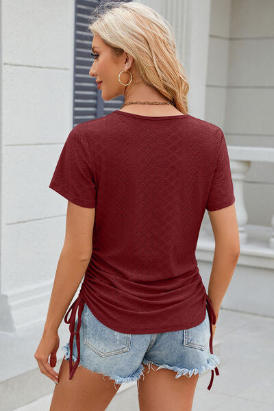 Eyelet Round Neck Short Sleeve T-Shirt