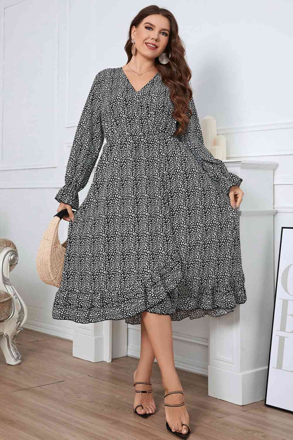 Melo Apparel Plus Size Printed V-Neck Flounce Sleeve Midi Dress