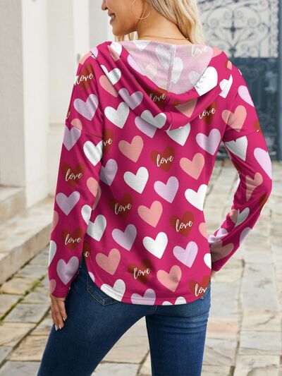 Heart Drawstring Dropped Shoulder Hoodie