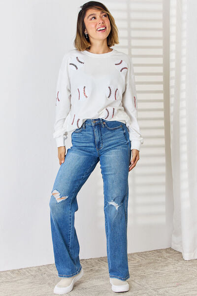 Sequin Ball Round Neck Dropped Shoulder Sweatshirt