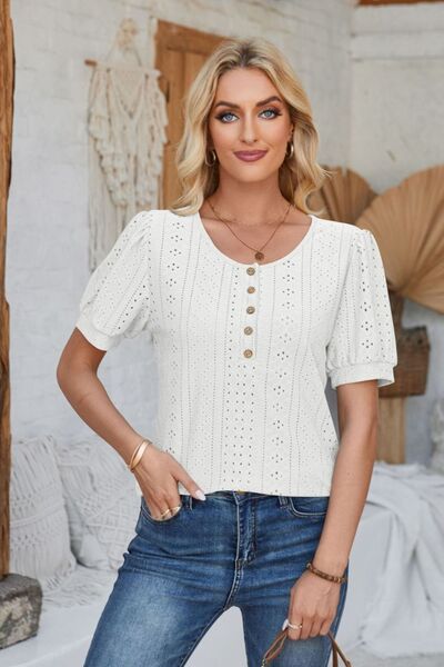 Eyelet Round Neck Short Sleeve Blouse