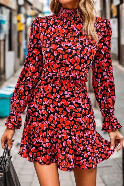 Heart Printed Mock Neck Flounce Sleeve Dress  Shop One Place