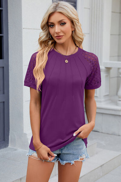 Openwork Round Neck Short Sleeve T-Shirt