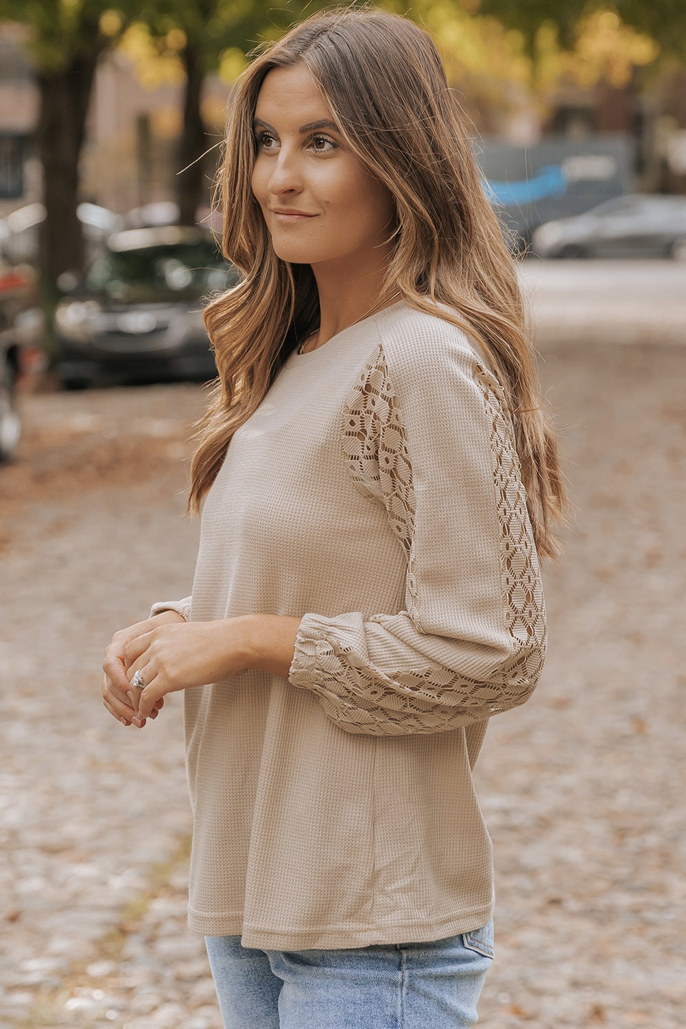 Waffle-Knit Round Neck Long Sleeve Blouse