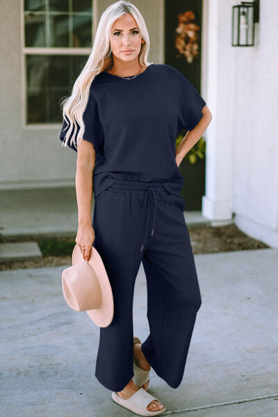 Double Take Full Size Texture Short Sleeve Top and Pants Set  Shop One Place