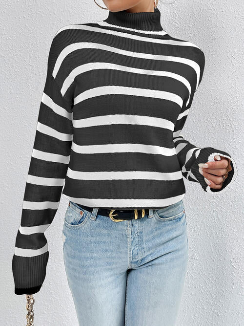 Striped Turtleneck Long Sleeve Sweater  Shop One Place