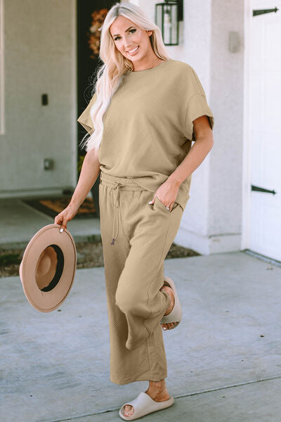 Double Take Full Size Texture Short Sleeve Top and Pants Set  Shop One Place