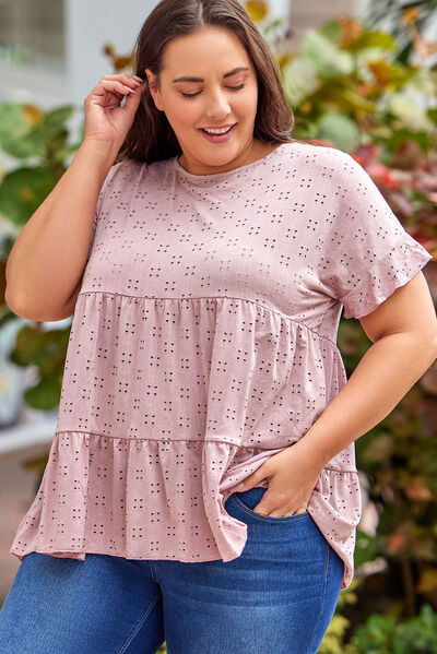 Plus Size Eyelet Round Neck Short Sleeve Blouse  Shop One Place