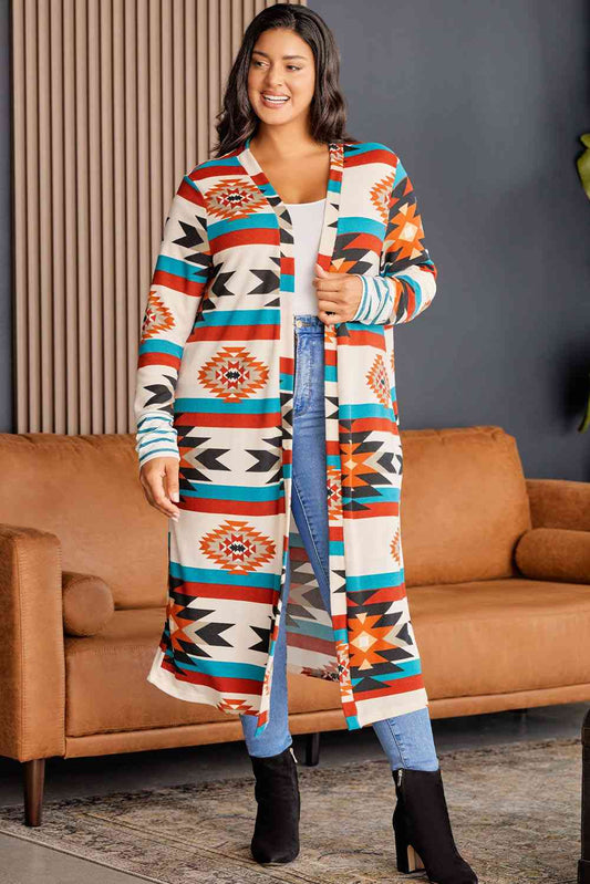 Plus Size Geometric Open Front Longline Cardigan  Shop One Place