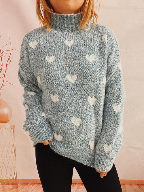 Heart Heathered Turtleneck Drop Shoulder Sweater  Shop One Place