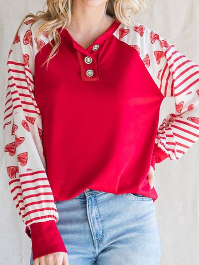 Heart Striped Quarter Button Long Sleeve T-Shirt