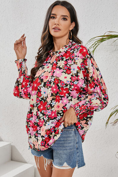 Frill Floral Mock Neck Lantern Sleeve Blouse